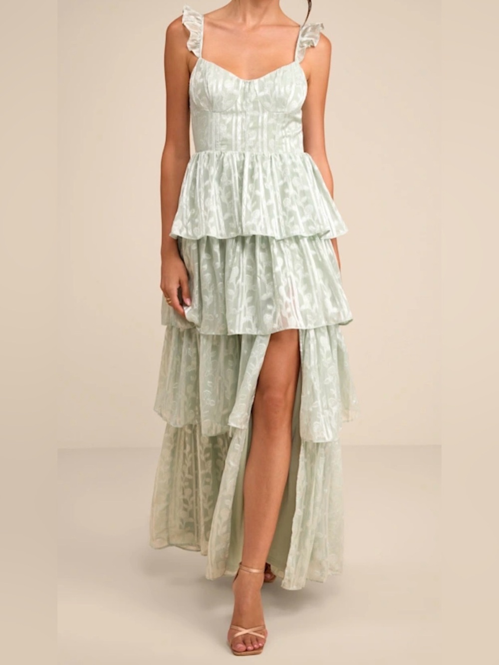 Lulus Medium Sage Tiered Ruffle Maxi Prom Dress - Picture 4 of 4